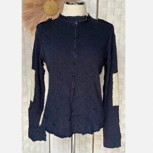 KISCA Blue Button Up Crinkle Texture Long Sleeve Elbow Patch Shirt Top Sz 2 FXE